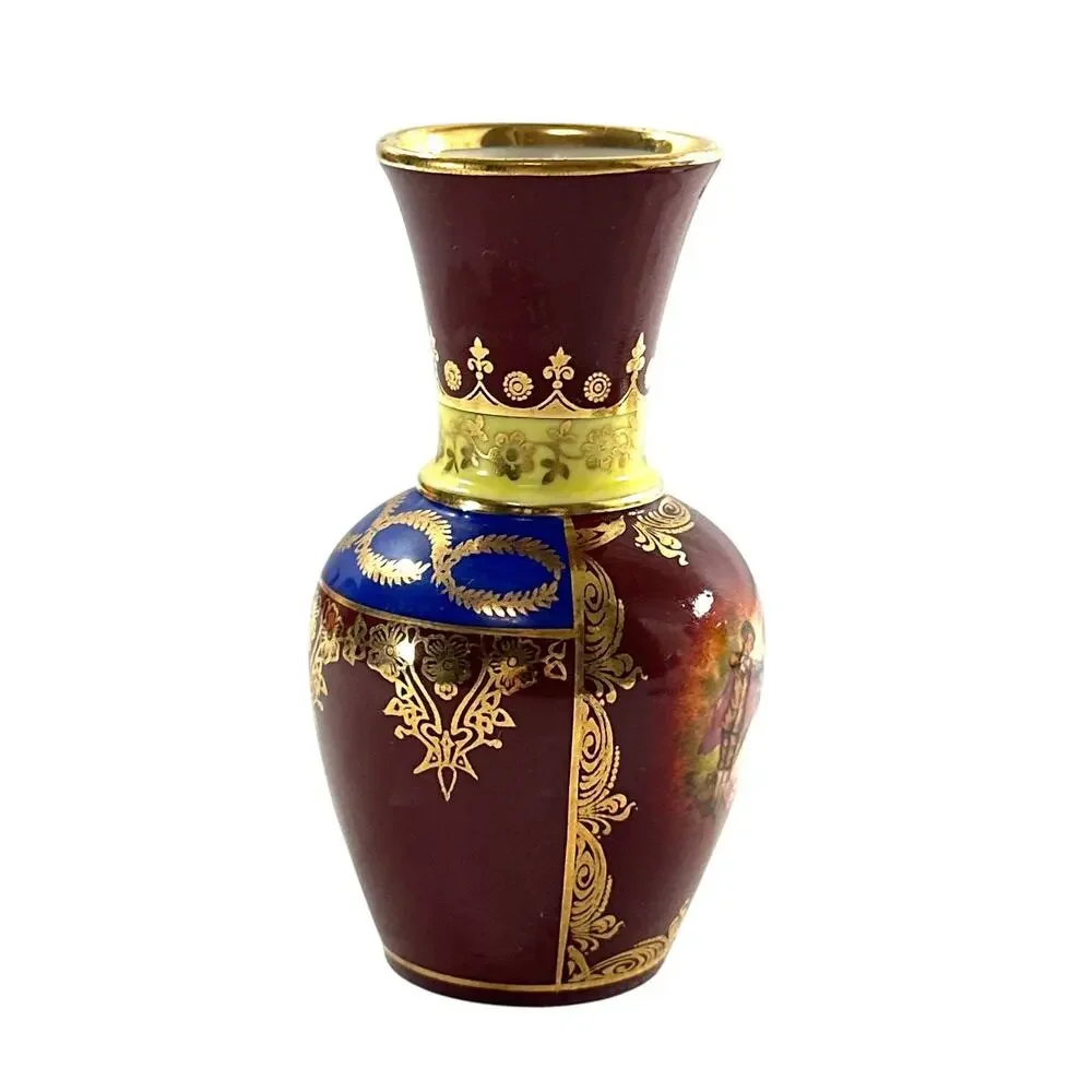 Vintage German Porcelain Mini Vase Courting Couple Gold Cobalt Burgundy 4”